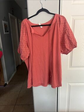 Women’s Eyelet Puff Sleeve Top - Coral Pink